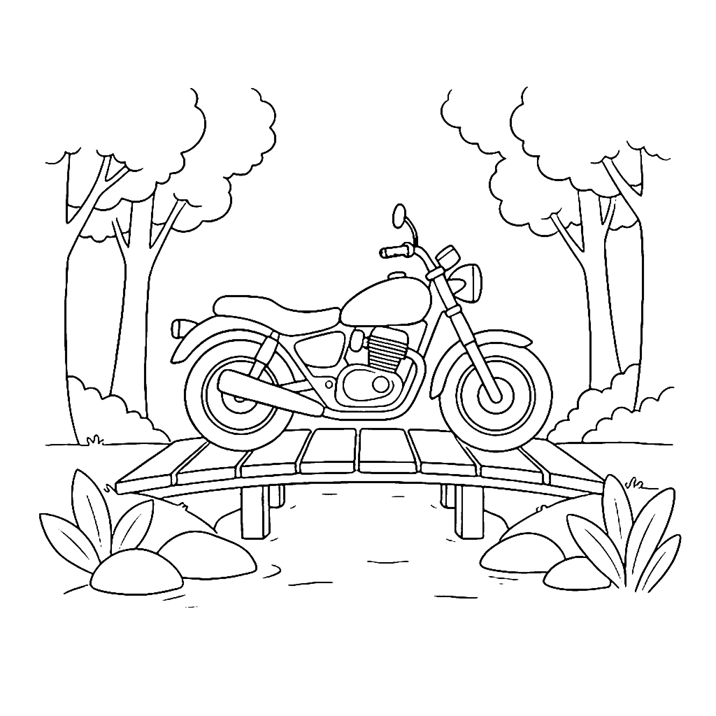 Motorcycle Forest Bridge coloring page outline