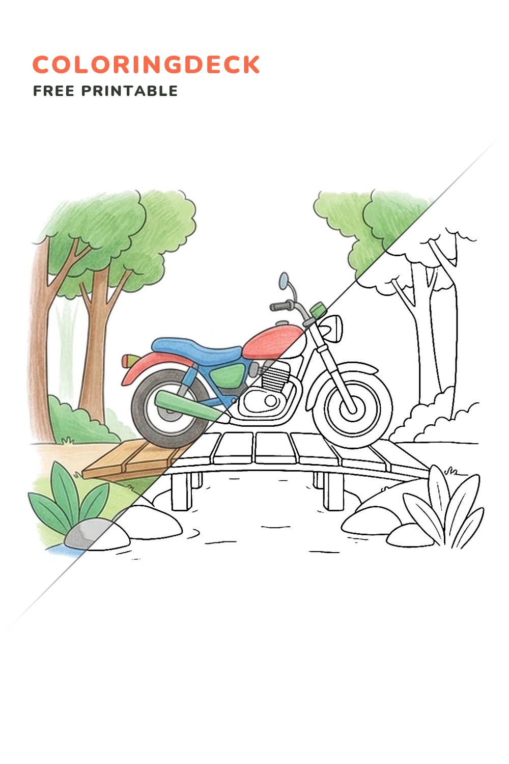 Motorcycle Forest Bridge coloring page, free printable: half colored, half outline