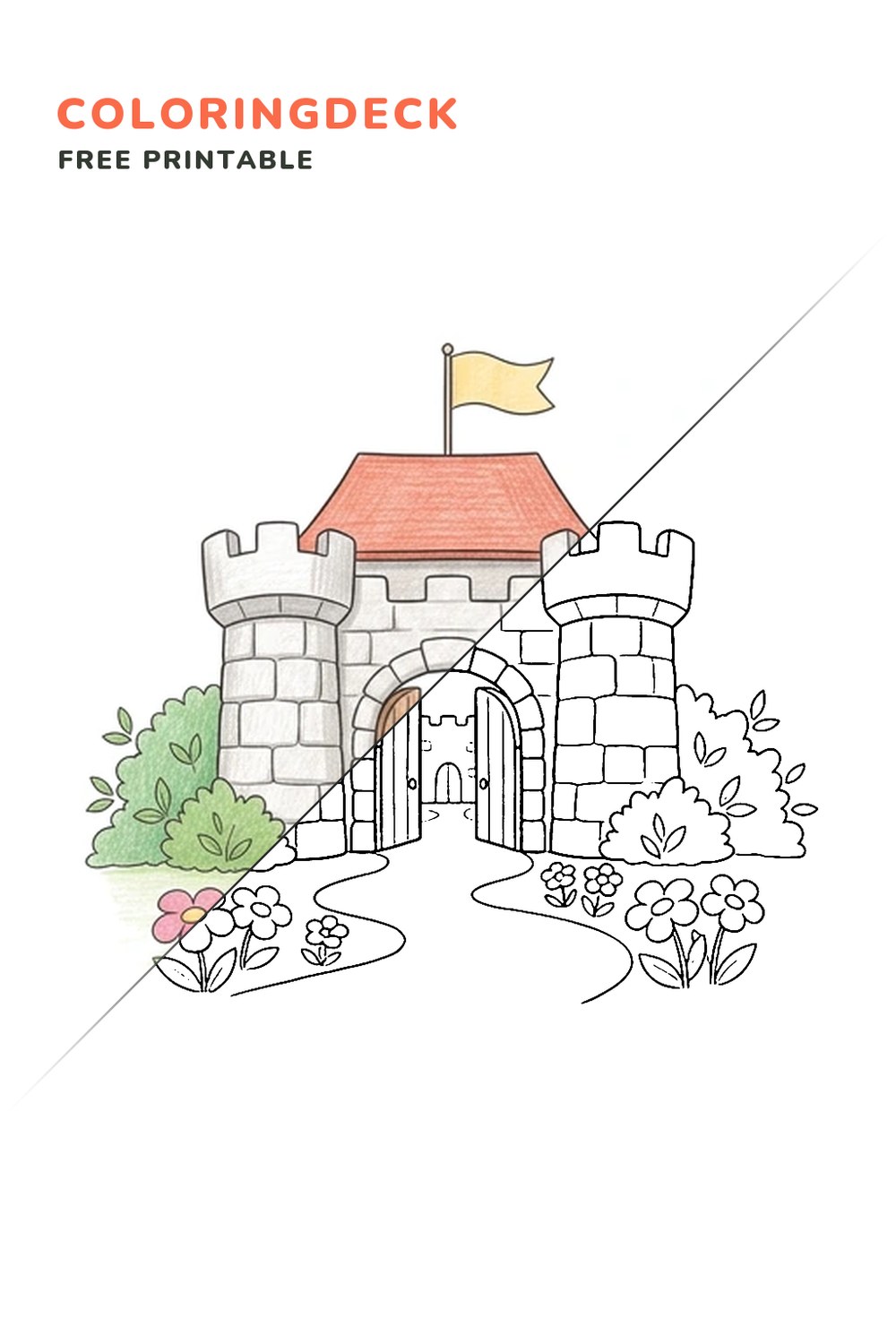 Castle Gate Garden coloring page, free printable: half colored, half outline