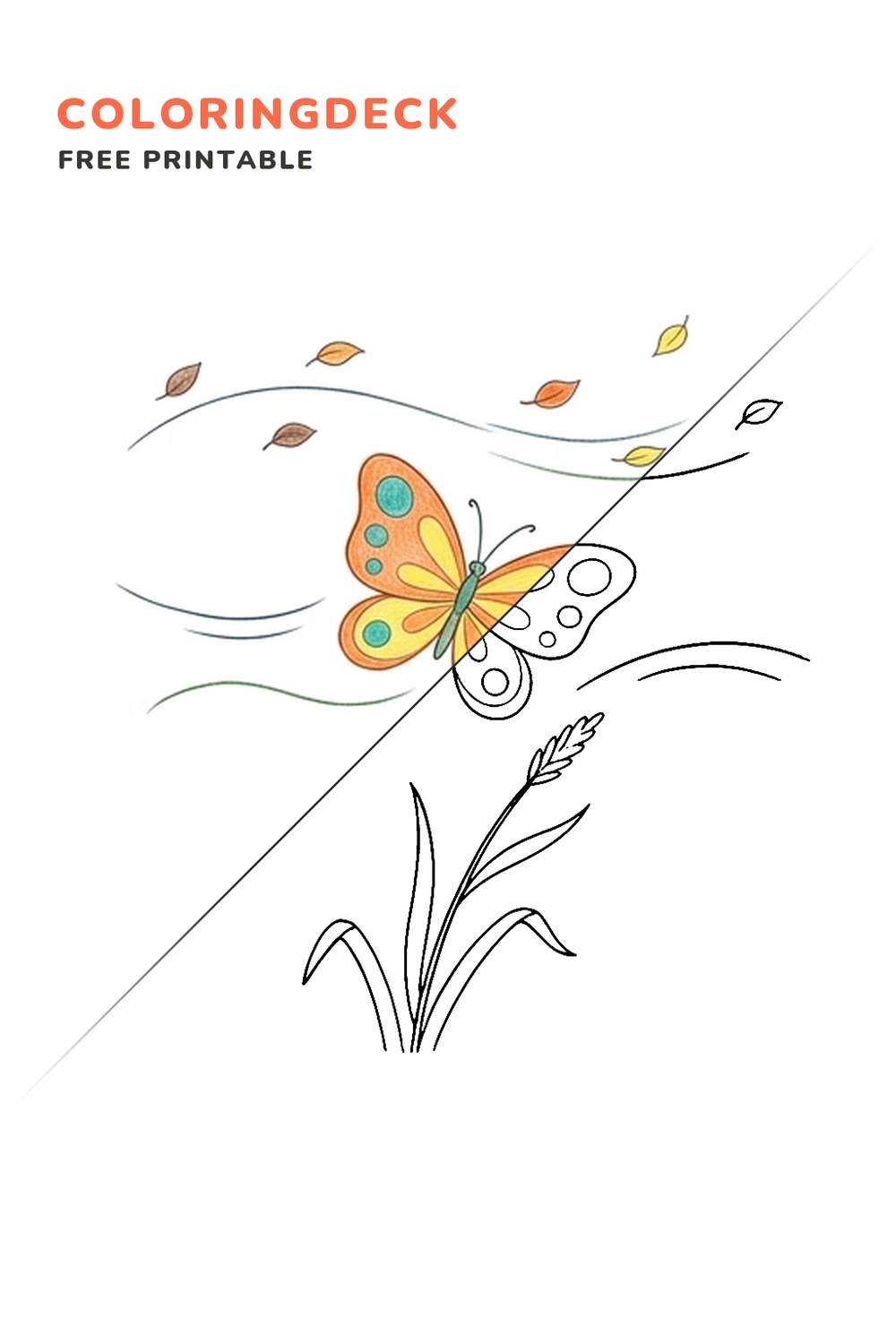 Butterfly Wind Dance coloring page, free printable: half colored, half outline