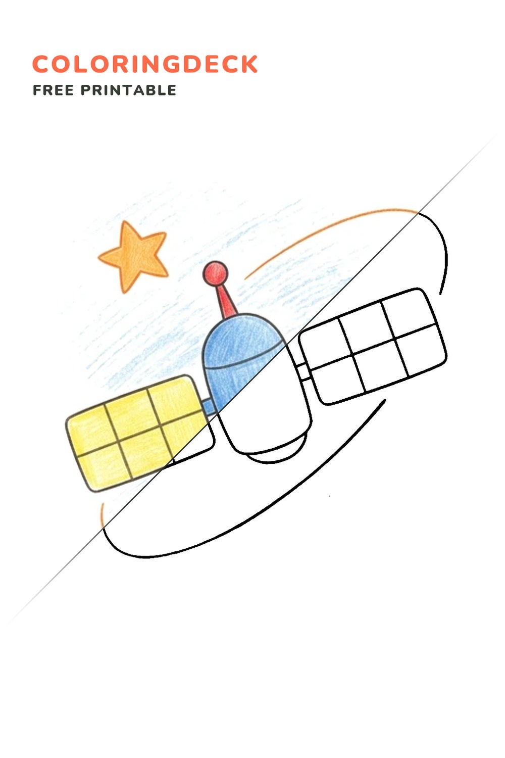 Orbiting Satellite coloring page, free printable: half colored, half outline