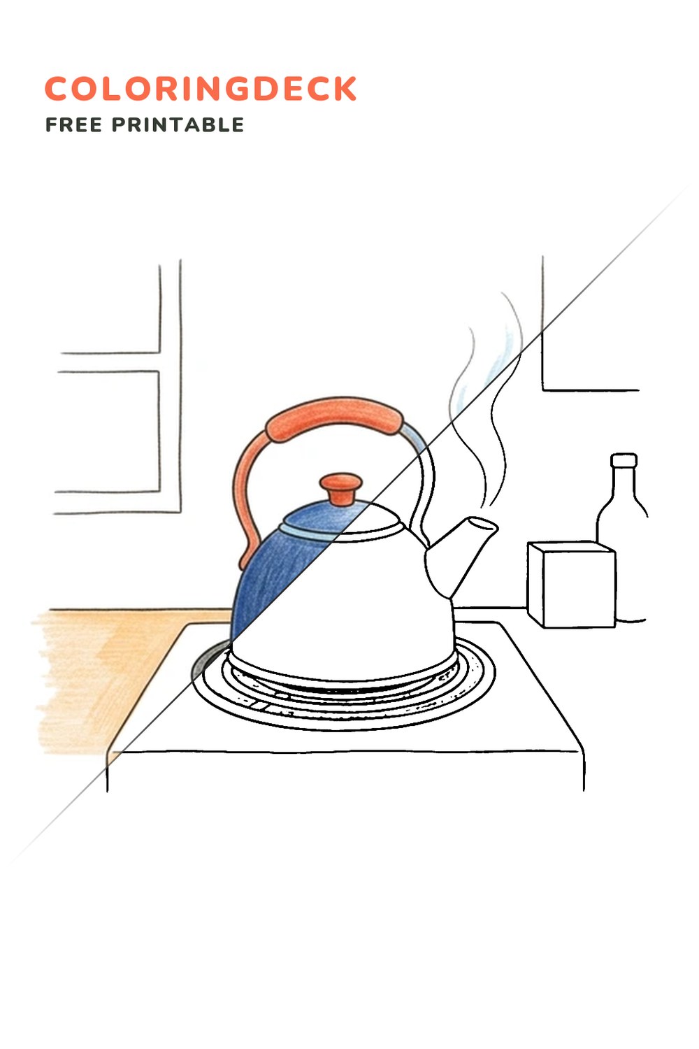 Tea Kettle Whistle coloring page, free printable: half colored, half outline