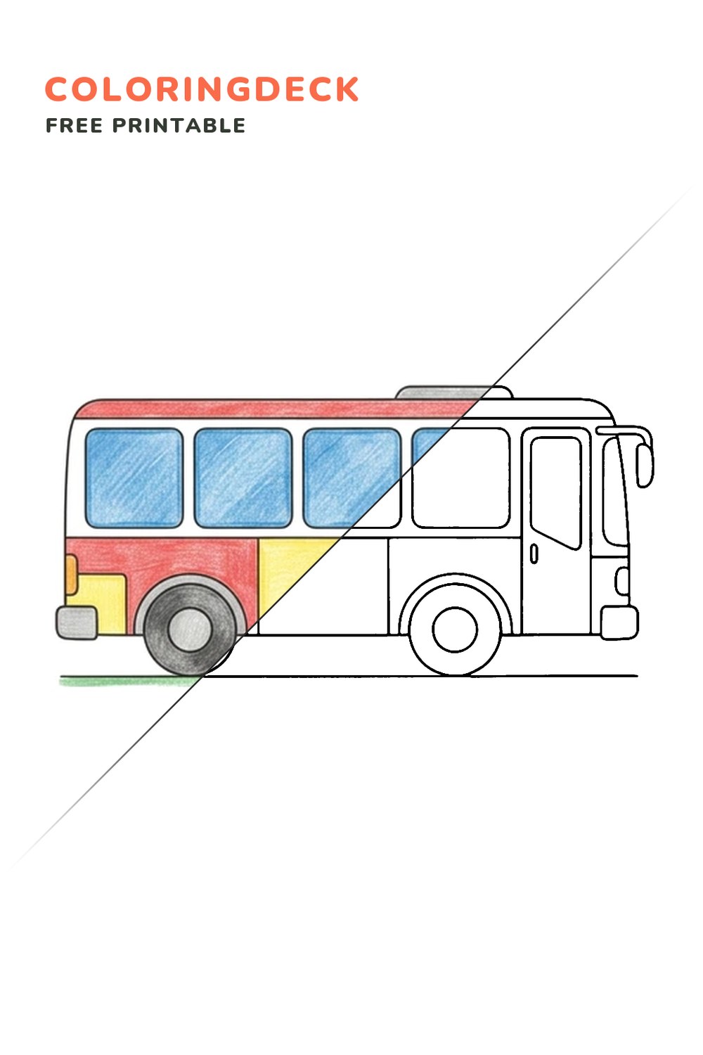 City Bus coloring page, free printable: half colored, half outline