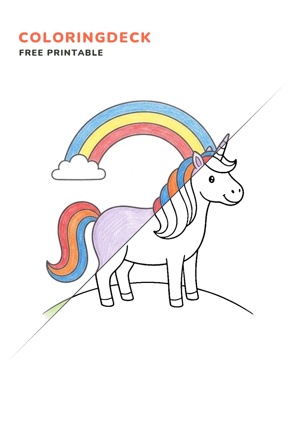 Unicorn Rainbow Hill coloring page, free printable: half colored, half outline
