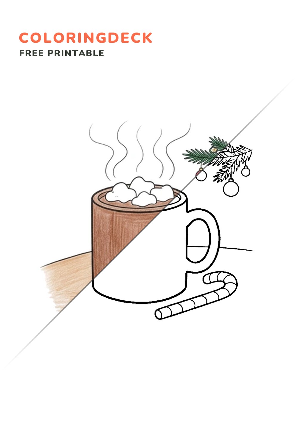 Christmas Cocoa Mug coloring page, free printable: half colored, half outline