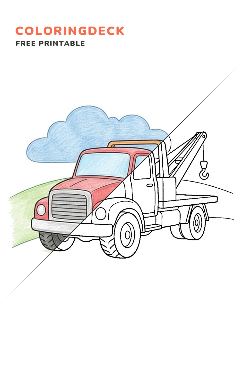 Tow Truck Hilltop coloring page, free printable: half colored, half outline