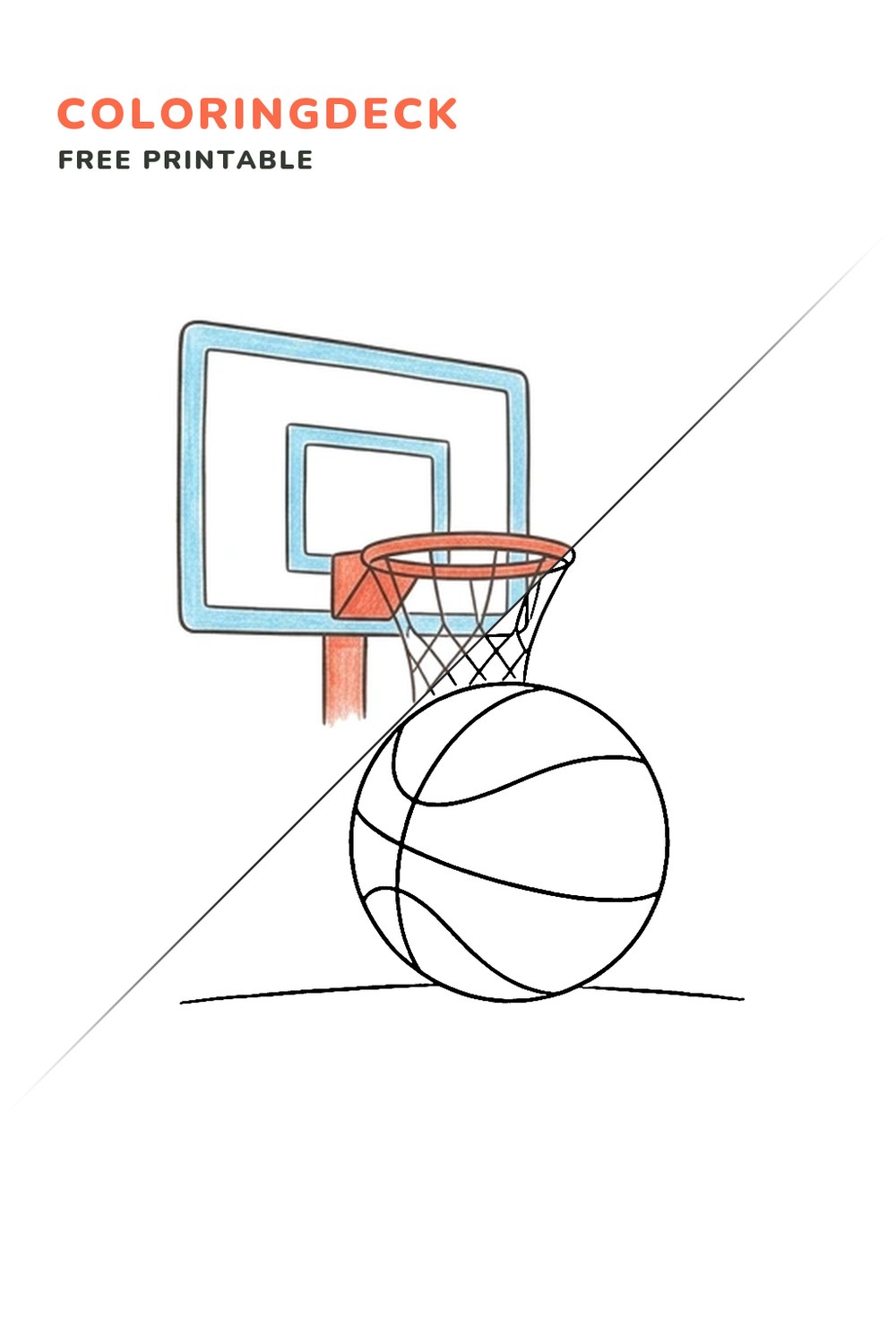 Basketball Hoop Shot coloring page, free printable: half colored, half outline