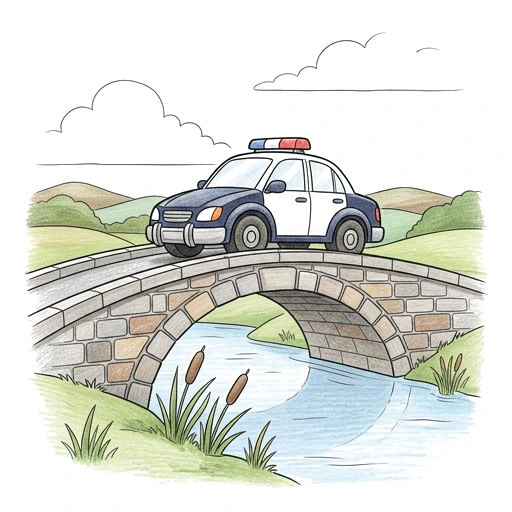 Police Car Bridge Crossing, colored example