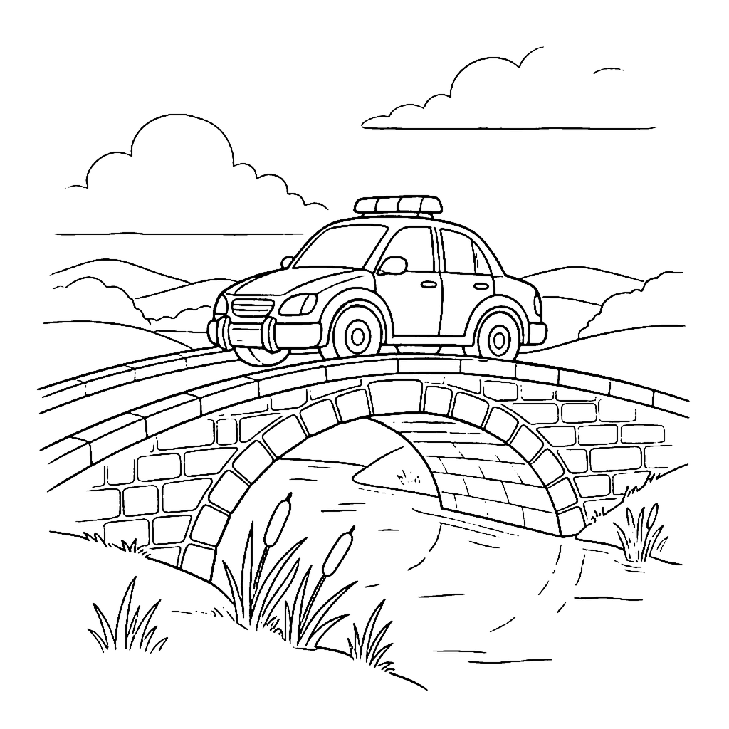 Police Car Bridge Crossing coloring page outline