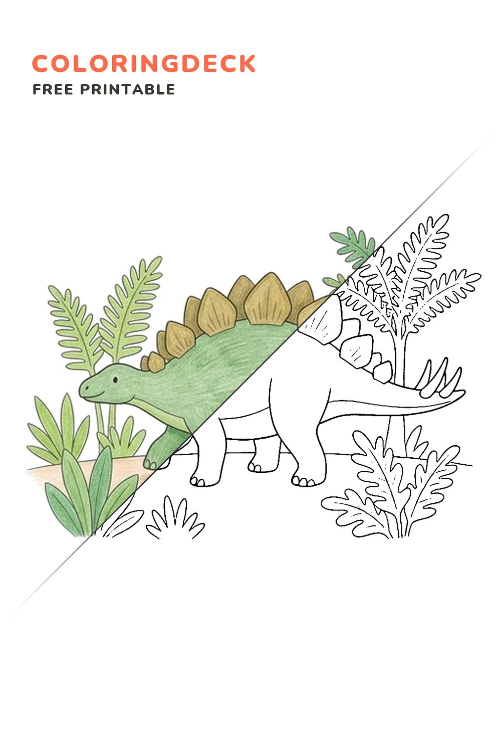 Stegosaurus Fern Stroll coloring page, free printable: half colored, half outline