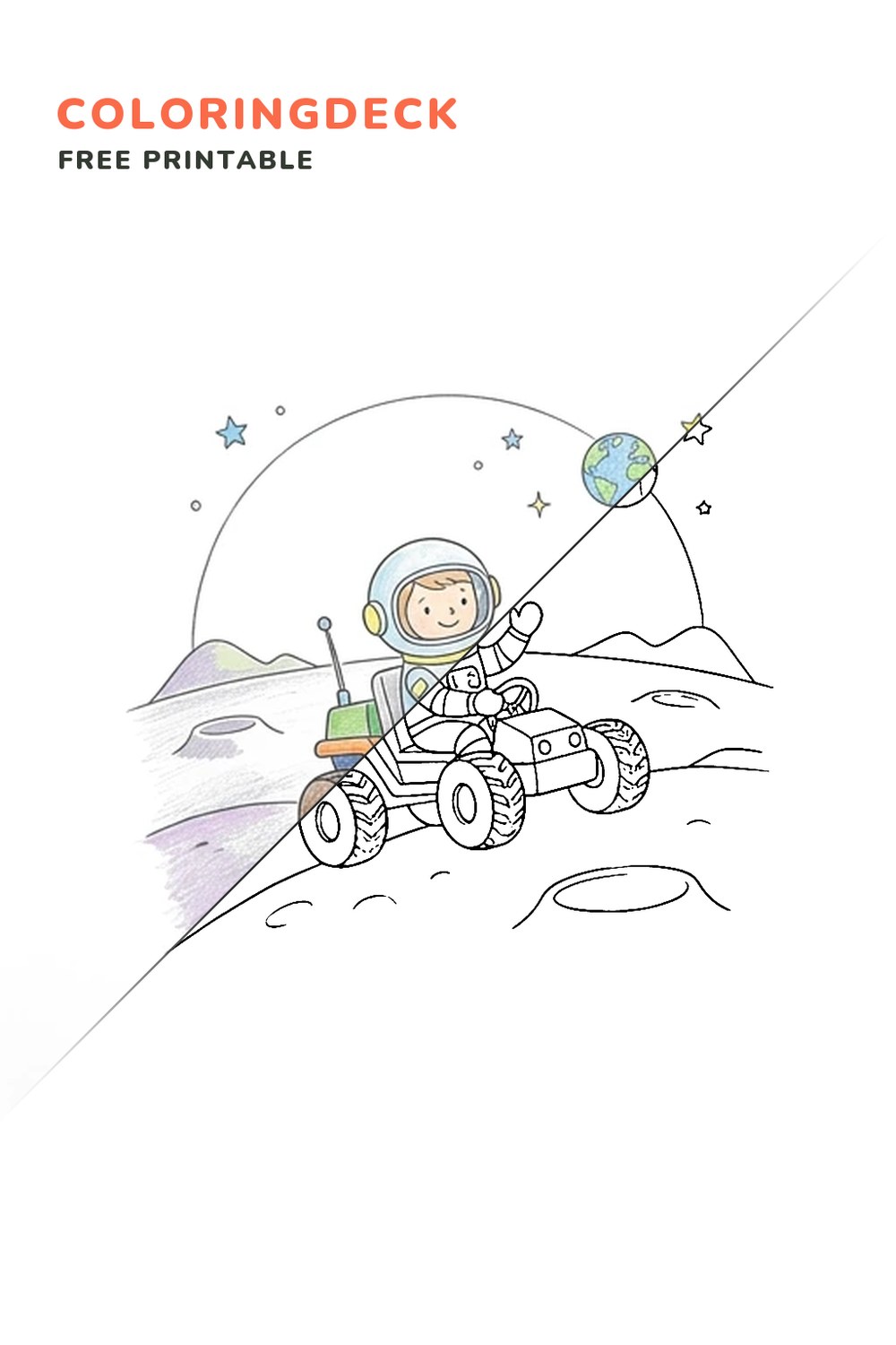 Astronaut Lunar Buggy coloring page, free printable: half colored, half outline