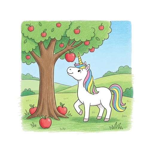 Unicorn coloring page: Unicorn Orchard Visit, colored example