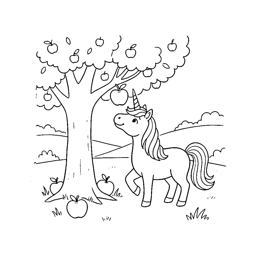 Unicorn coloring page: Unicorn Orchard Visit, outline to print
