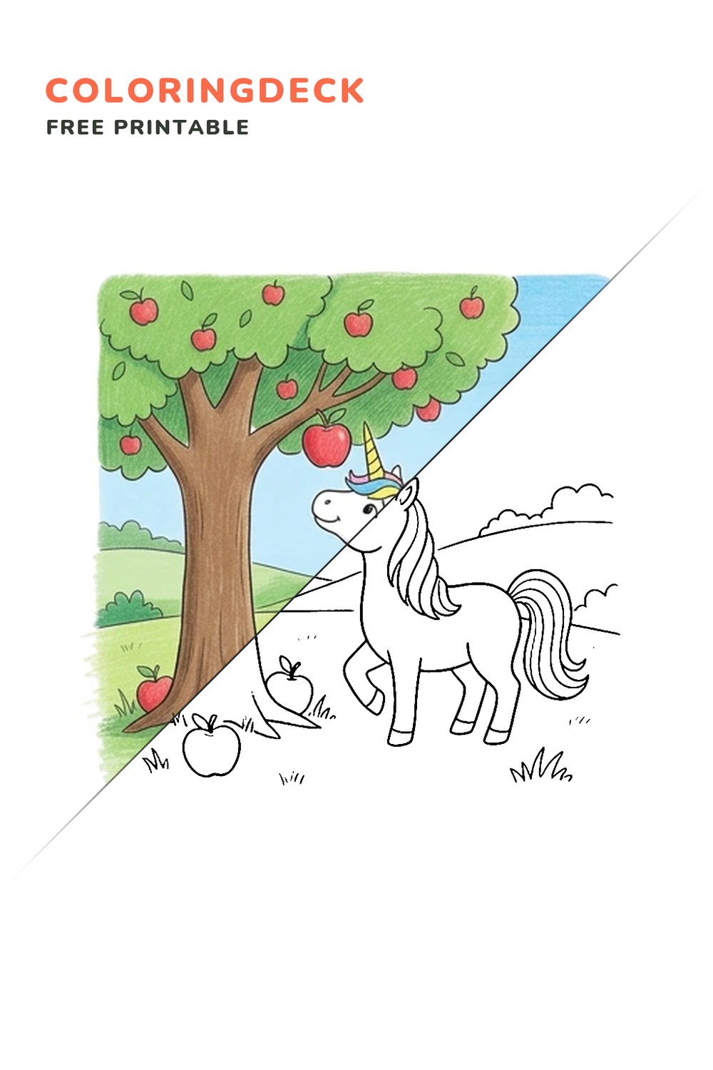Unicorn Orchard Visit coloring page, free printable: half colored, half outline