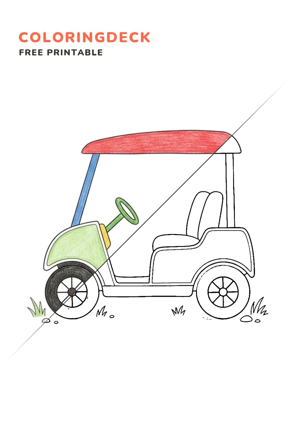 Golf Cart View coloring page, free printable: half colored, half outline