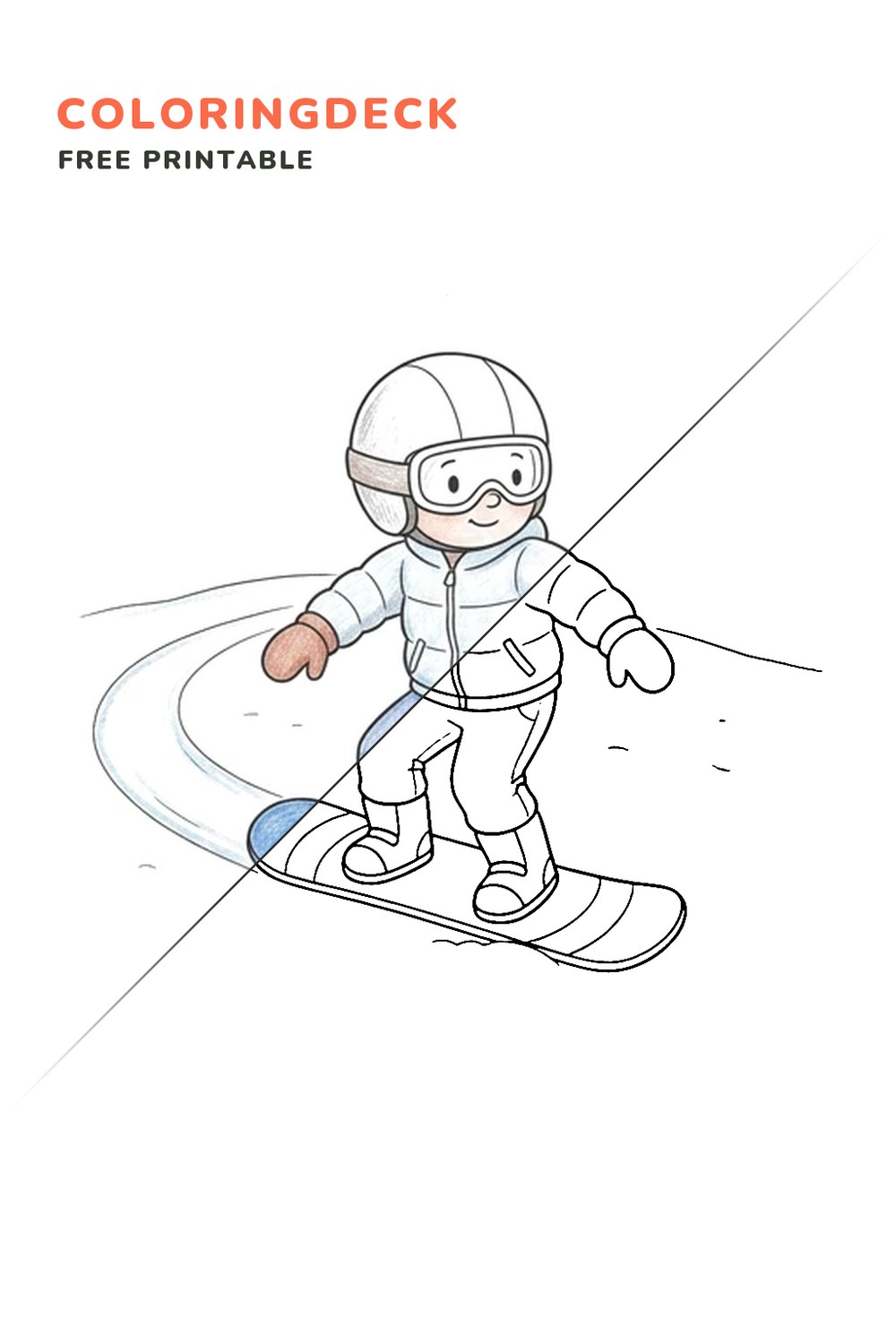 Snowboarder Turning coloring page, free printable: half colored, half outline