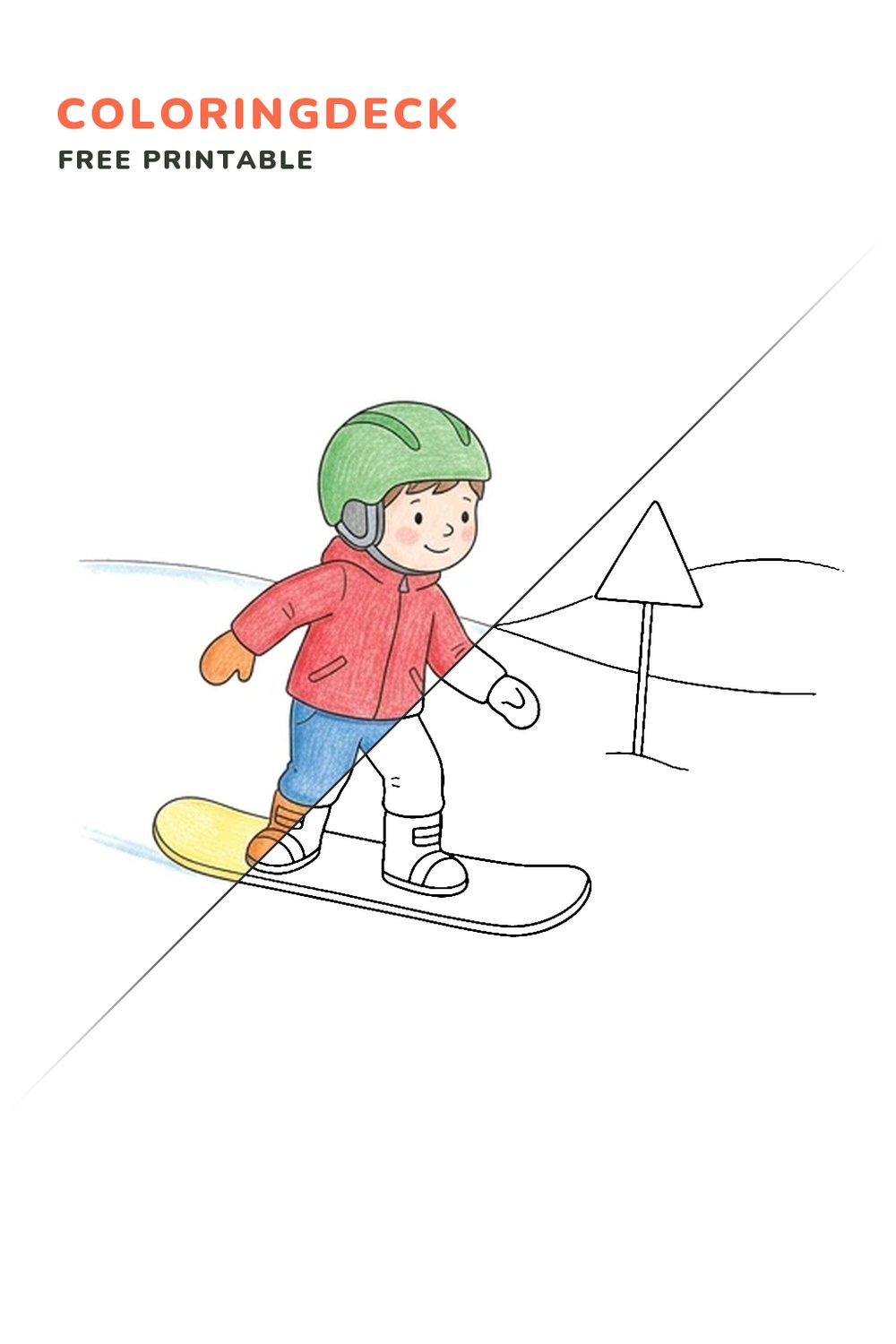 Snowboarder At Flag coloring page, free printable: half colored, half outline