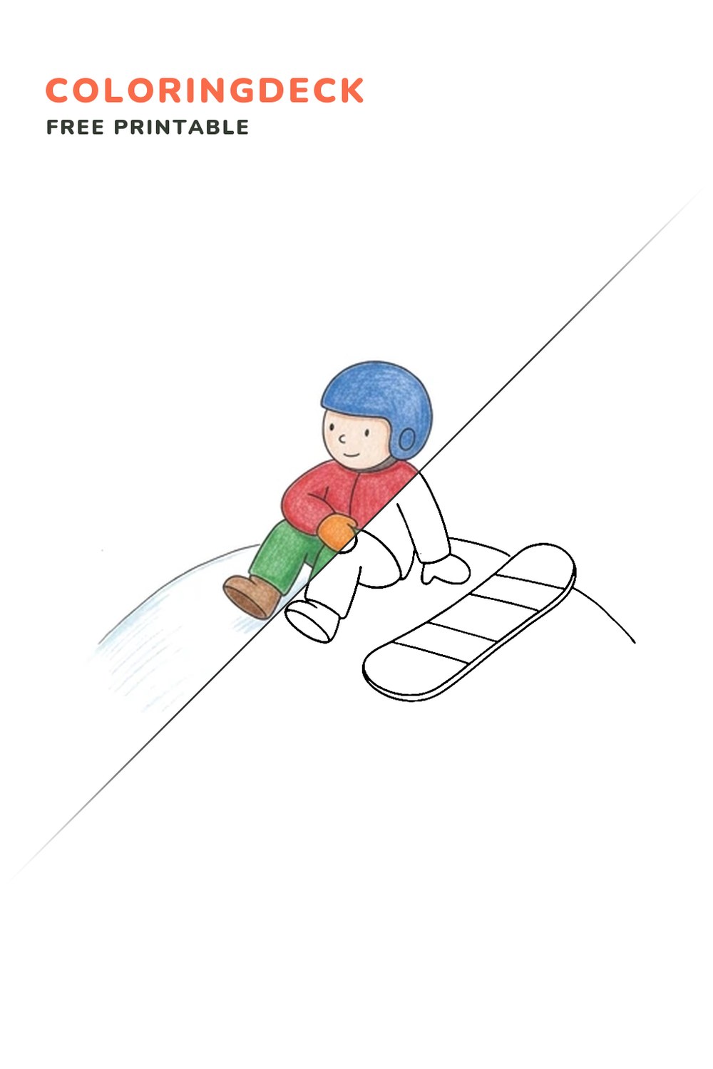 Snowboarder Seated Rest coloring page, free printable: half colored, half outline