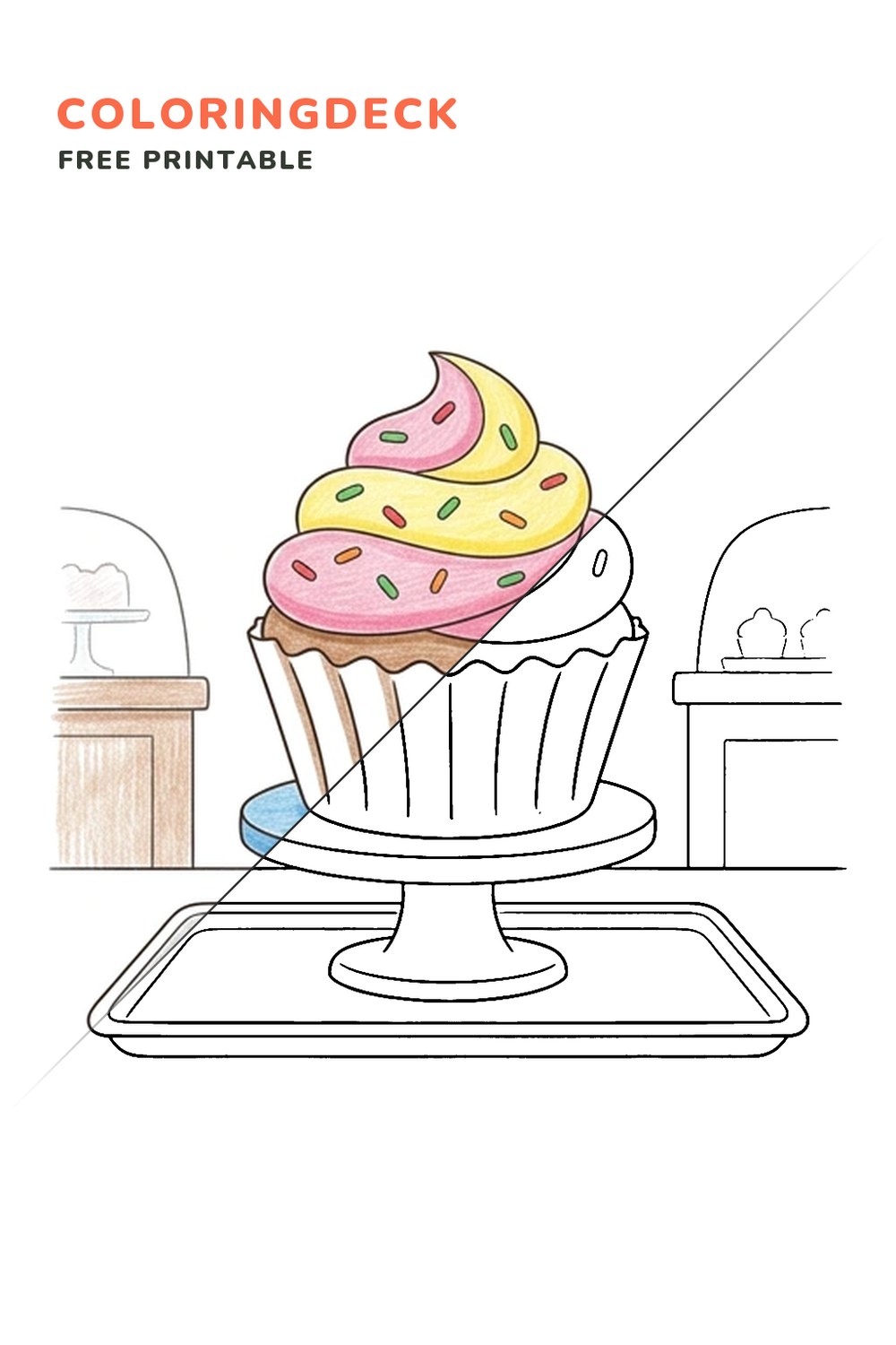 Cupcake Stand coloring page, free printable: half colored, half outline