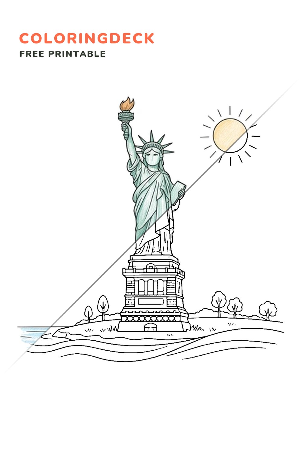 Liberty Island Statue coloring page, free printable: half colored, half outline