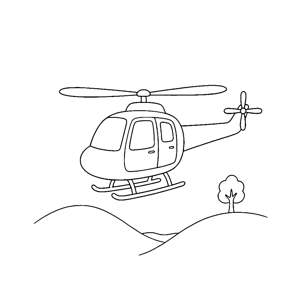 Helicopter coloring page: Helicopter Above Hills, outline to print