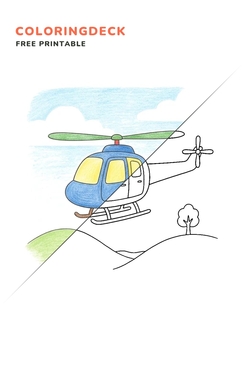 Helicopter Above Hills coloring page, free printable: half colored, half outline