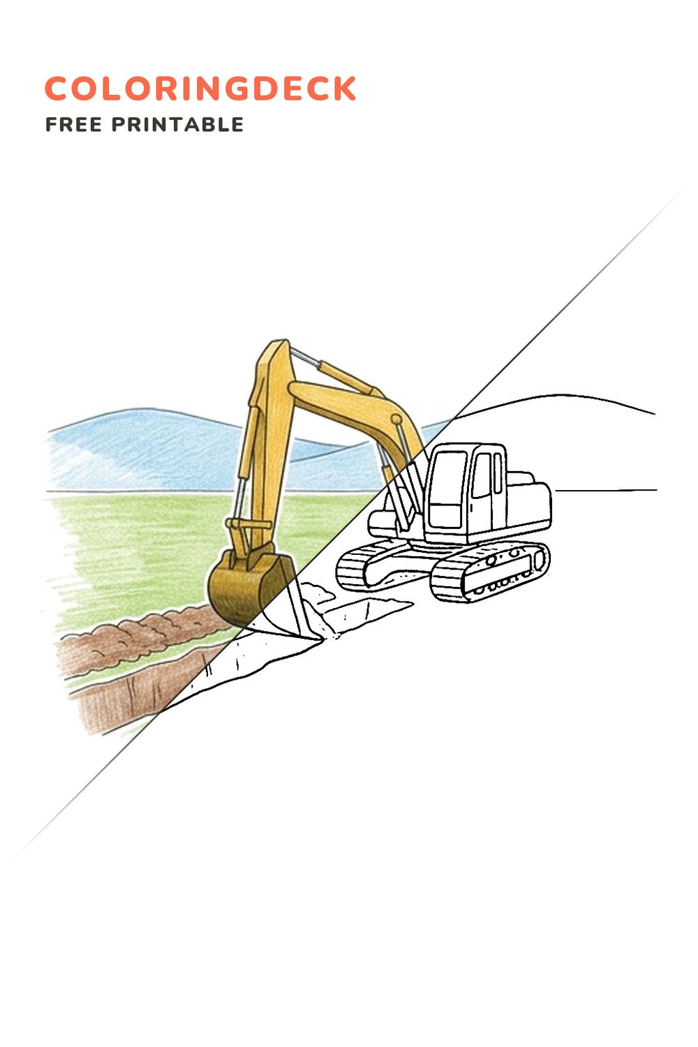 Pipeline Trench Digger coloring page, free printable: half colored, half outline