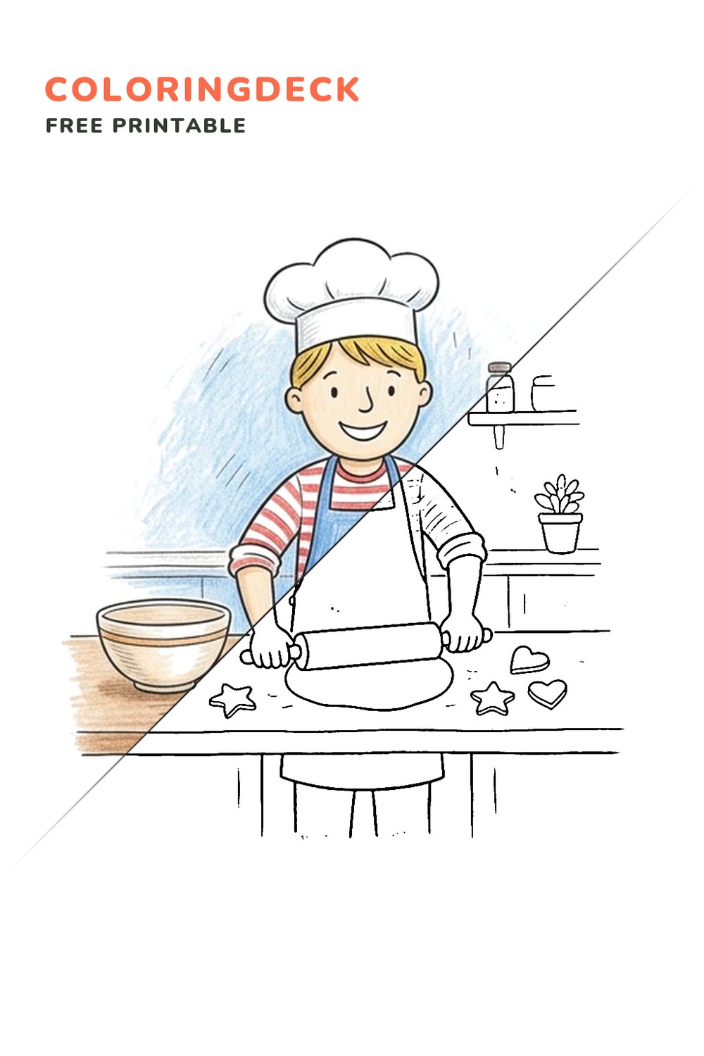 Baker Rolling Dough coloring page, free printable: half colored, half outline