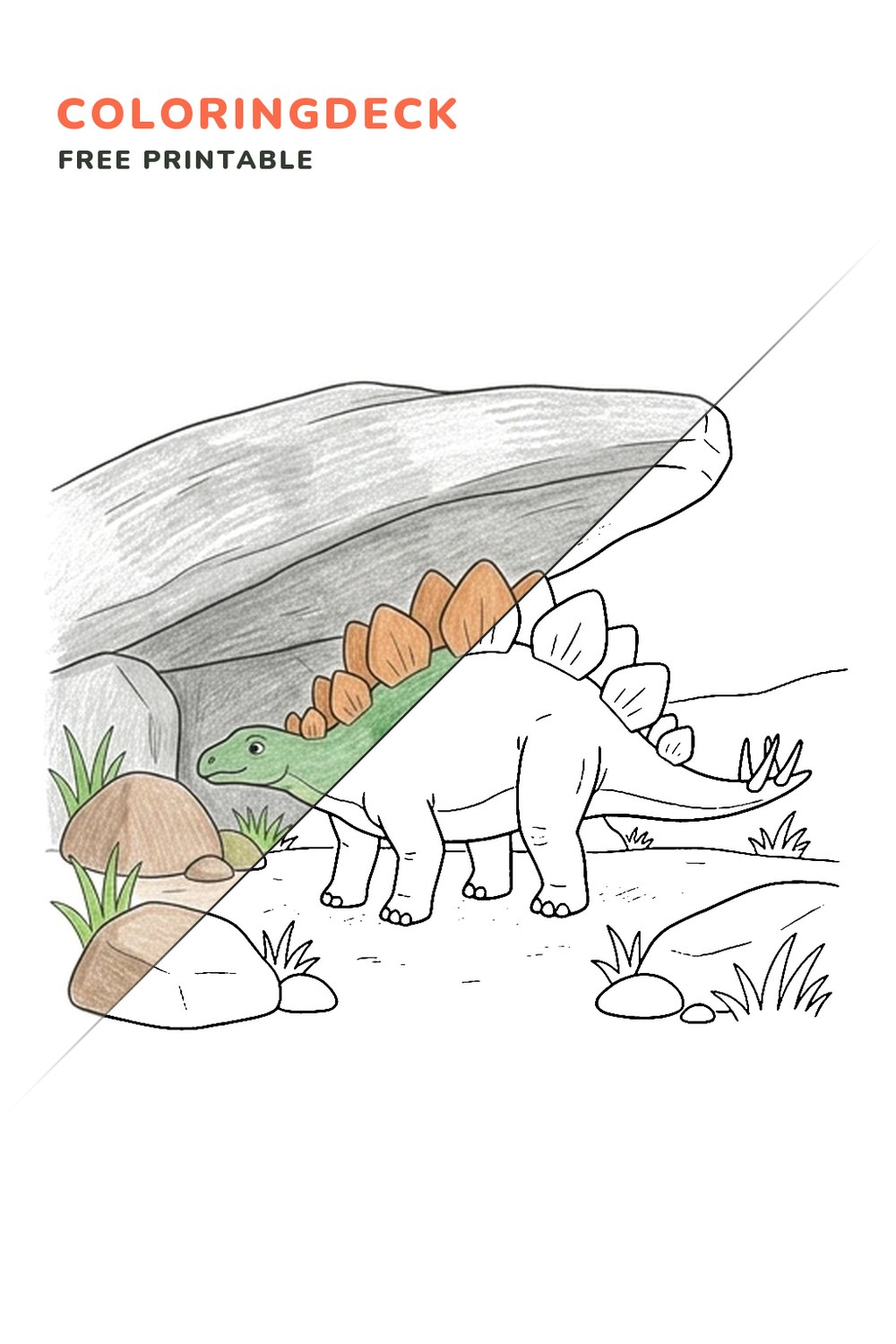 Stegosaurus Rock Shelter coloring page, free printable: half colored, half outline