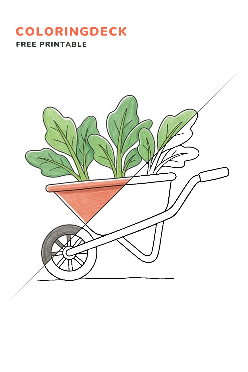 Garden Wheelbarrow coloring page, free printable: half colored, half outline