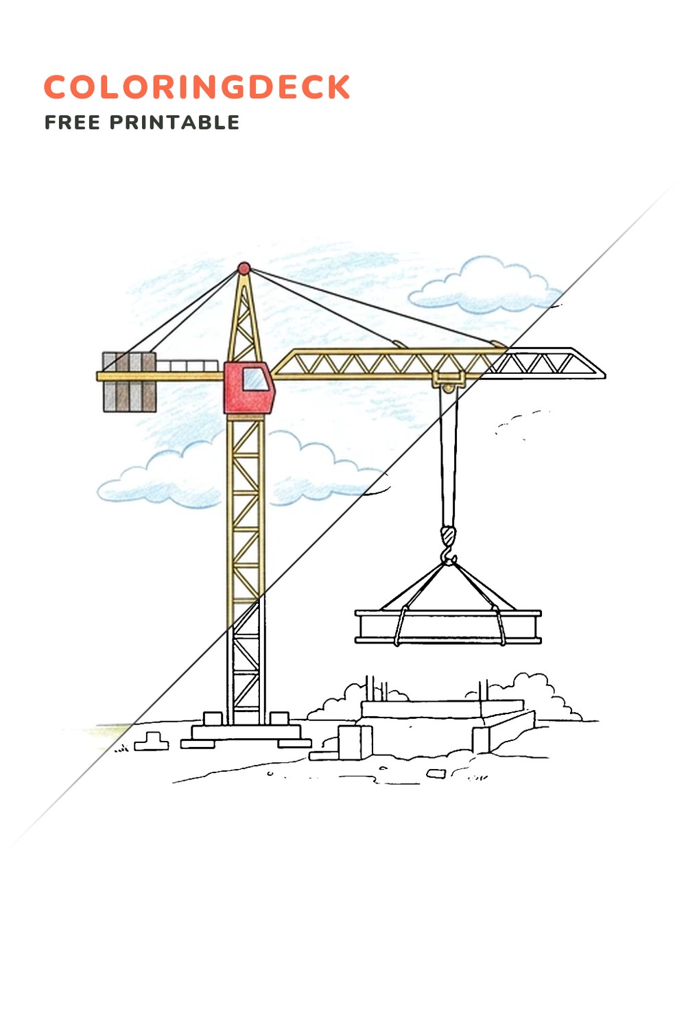 Tower Crane Lift coloring page, free printable: half colored, half outline