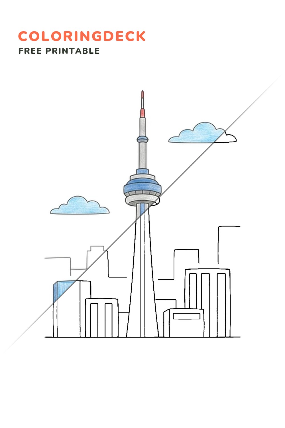 CN Tower Skyline coloring page, free printable: half colored, half outline
