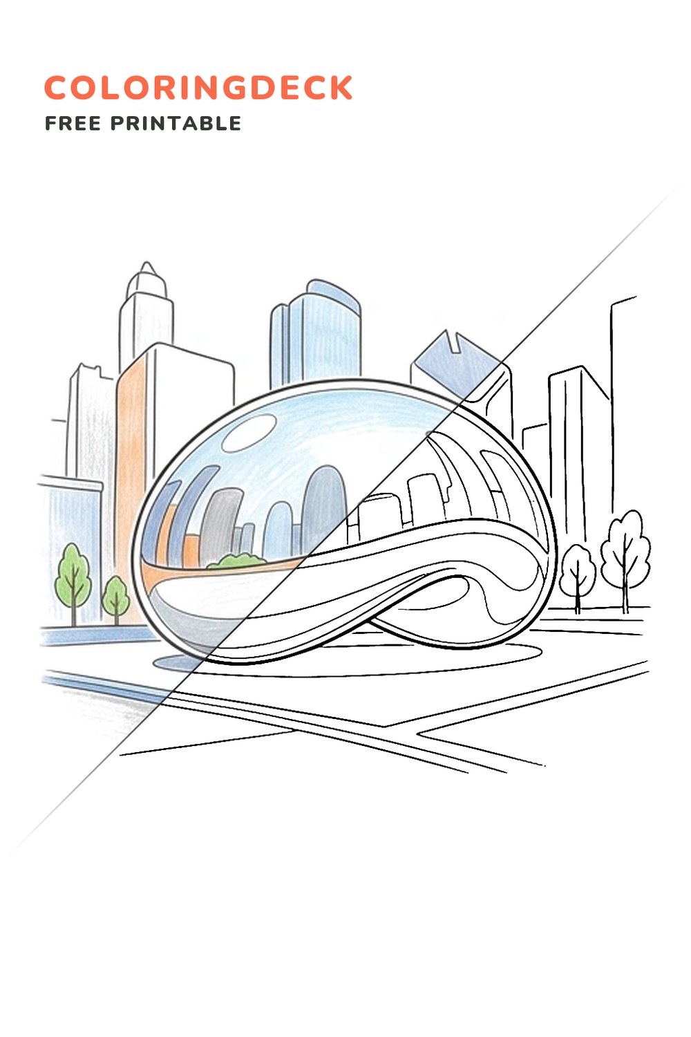 Chicago Bean Reflection coloring page, free printable: half colored, half outline