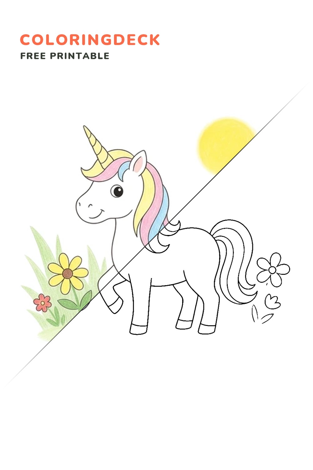 Unicorn Meadow coloring page, free printable: half colored, half outline