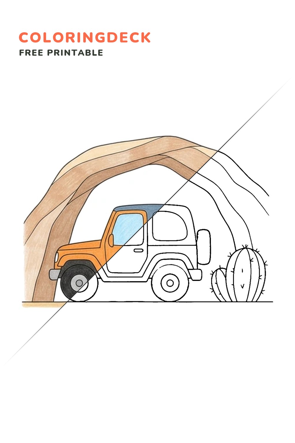 Jeep Desert Arch coloring page, free printable: half colored, half outline