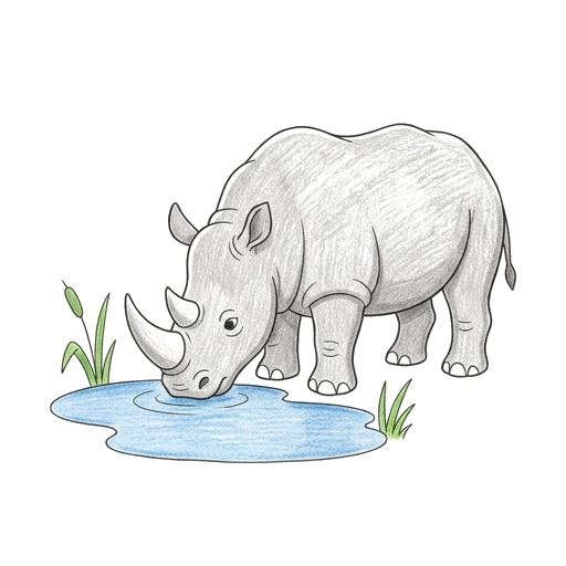 Rhino coloring page: Rhino Water Sip, colored example
