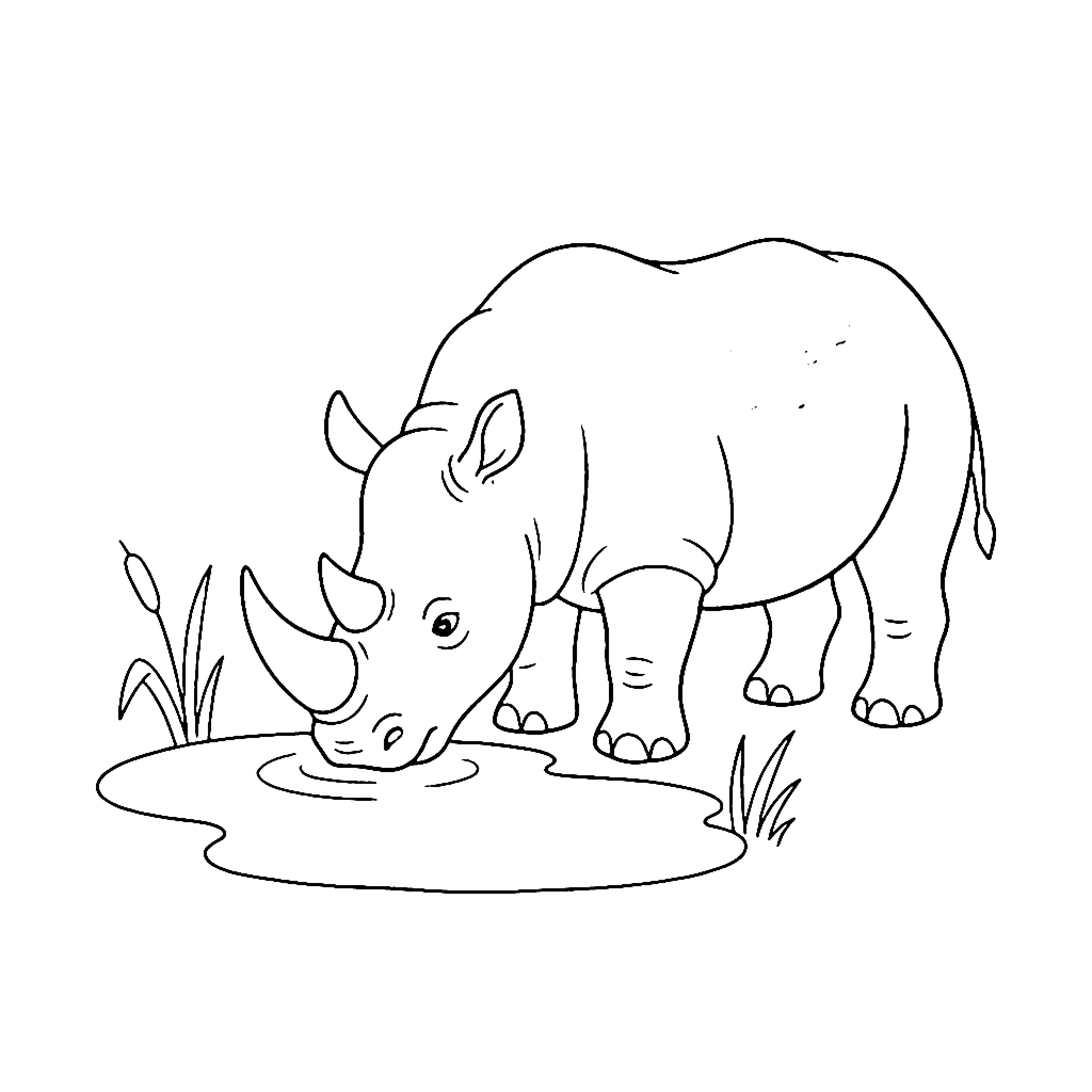 Rhino coloring page: Rhino Water Sip, outline to print