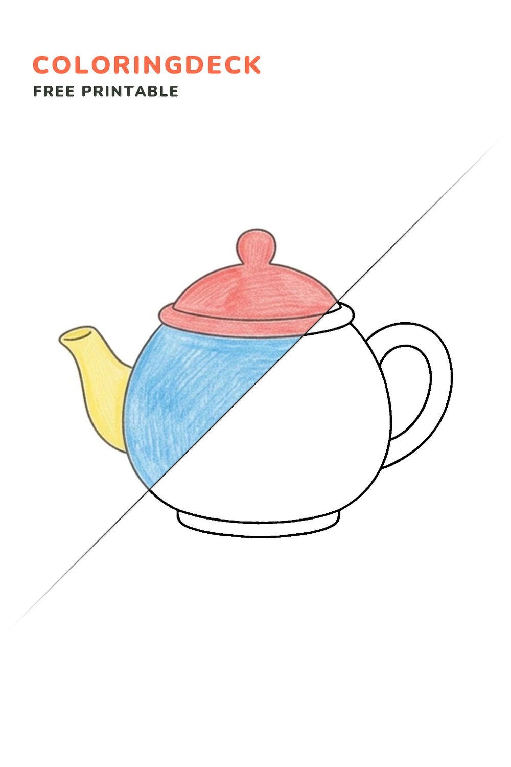 Simple Teapot coloring page, free printable: half colored, half outline