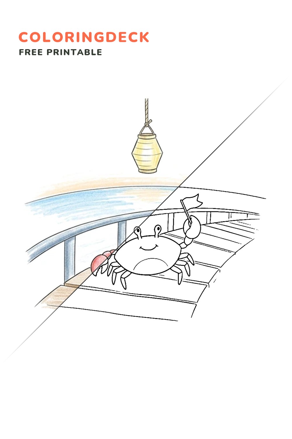 Crab Lantern Festival coloring page, free printable: half colored, half outline