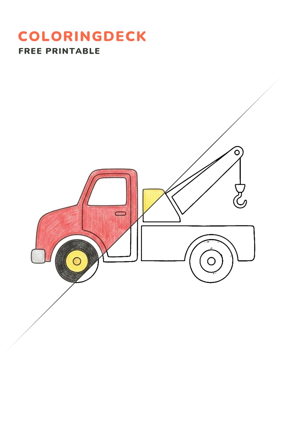 Tow Truck Ready coloring page, free printable: half colored, half outline