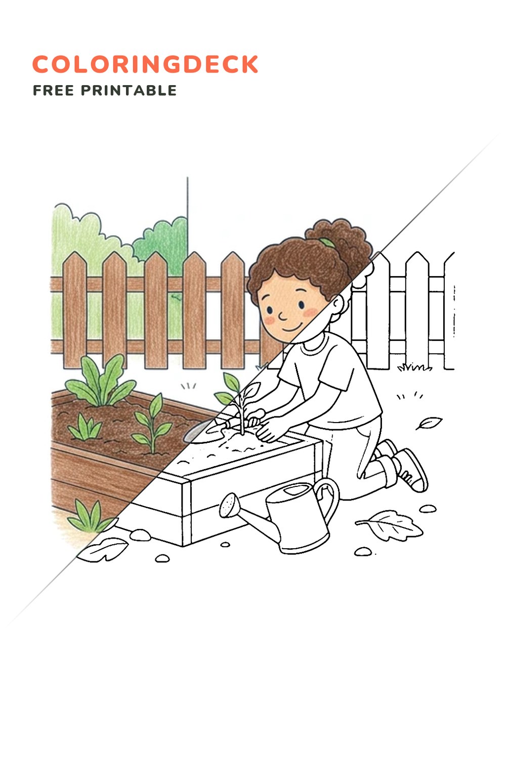 School Garden Lesson coloring page, free printable: half colored, half outline