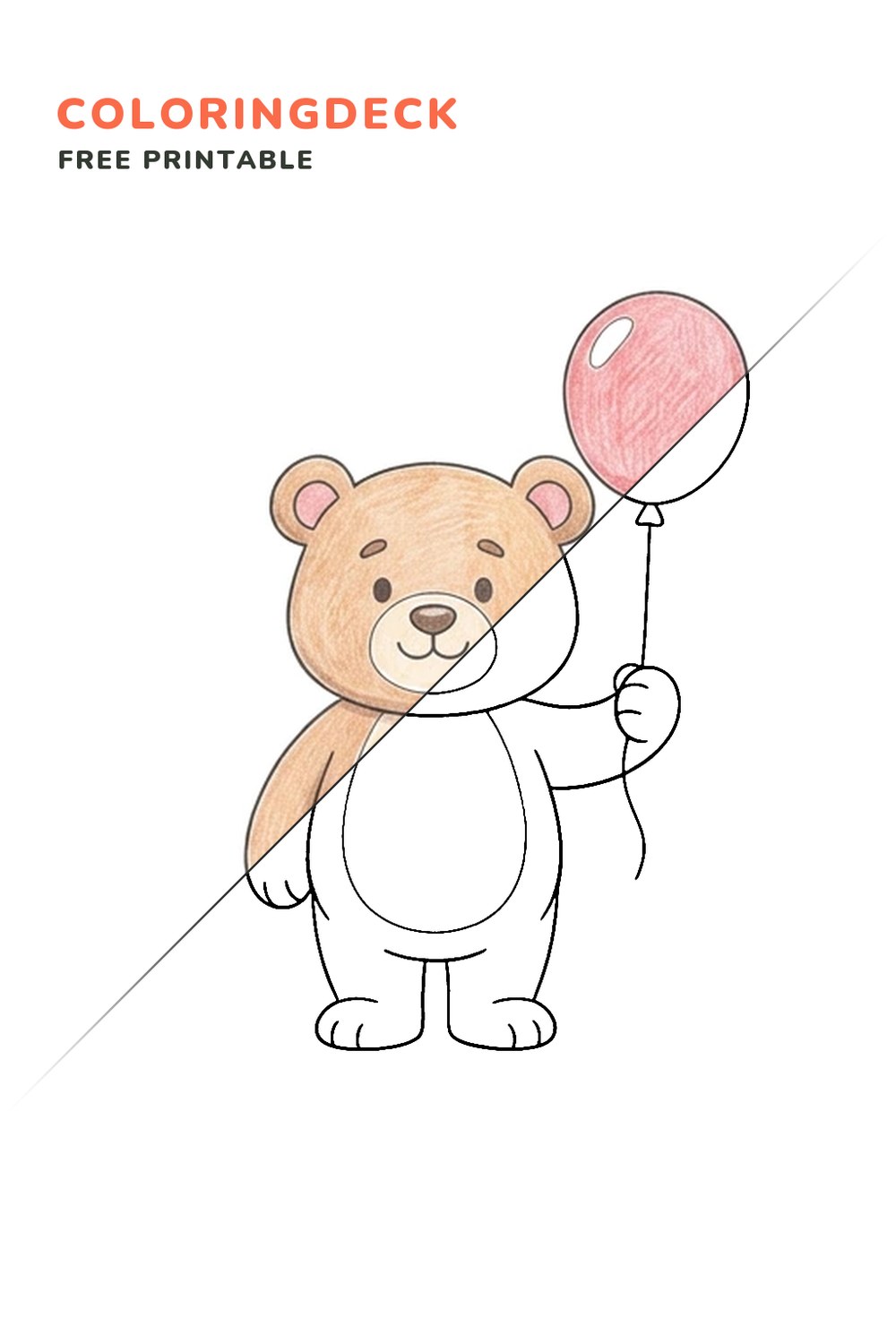 Bear Holding Balloon coloring page, free printable: half colored, half outline