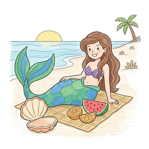 Mermaid coloring page: Mermaid Seashell Picnic, colored example