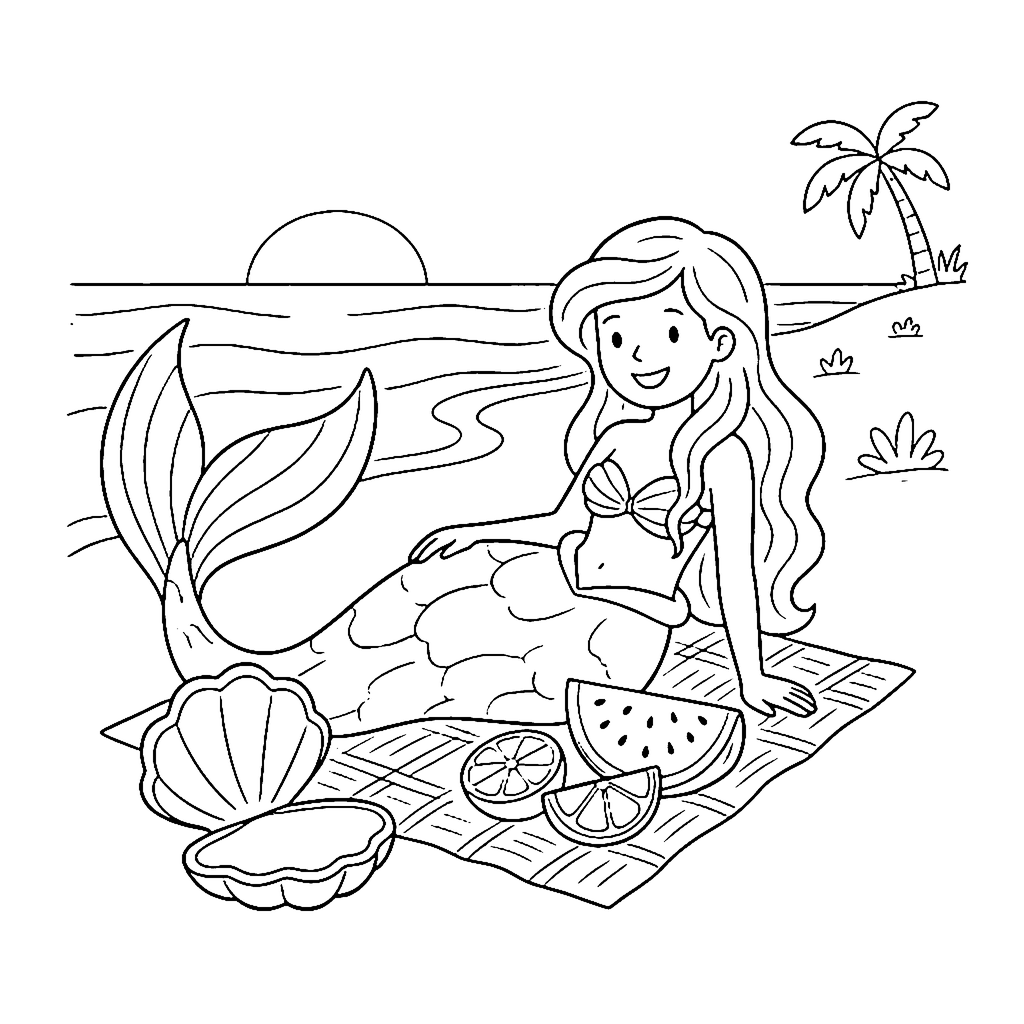 Mermaid coloring page: Mermaid Seashell Picnic, outline to print