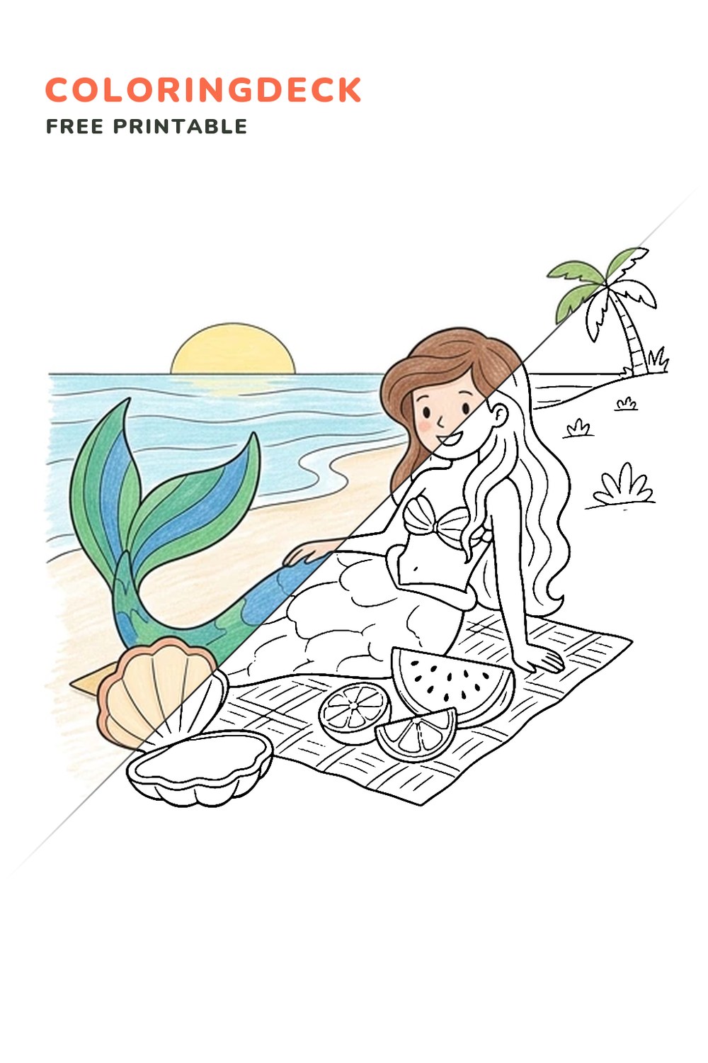 Mermaid Seashell Picnic coloring page, free printable: half colored, half outline