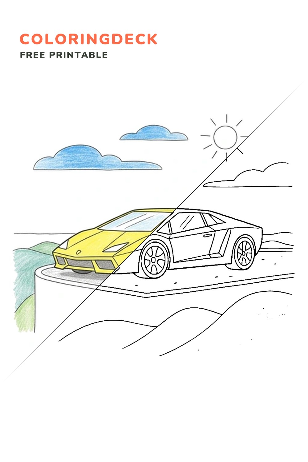Yellow Angular Supercar coloring page, free printable: half colored, half outline