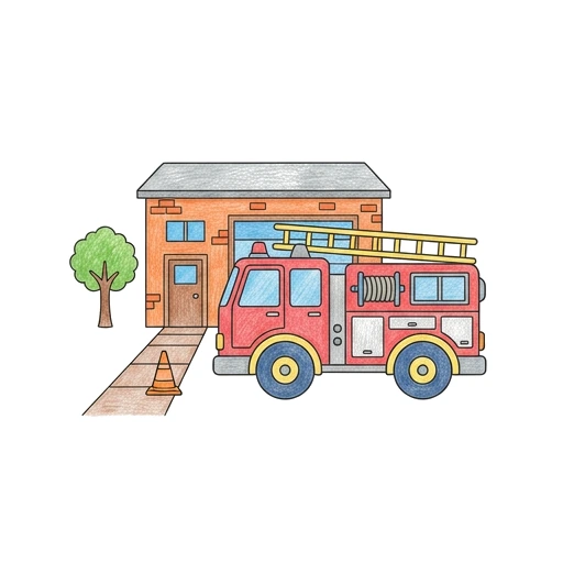 Fire Truck coloring page: Fire Engine Station, colored example