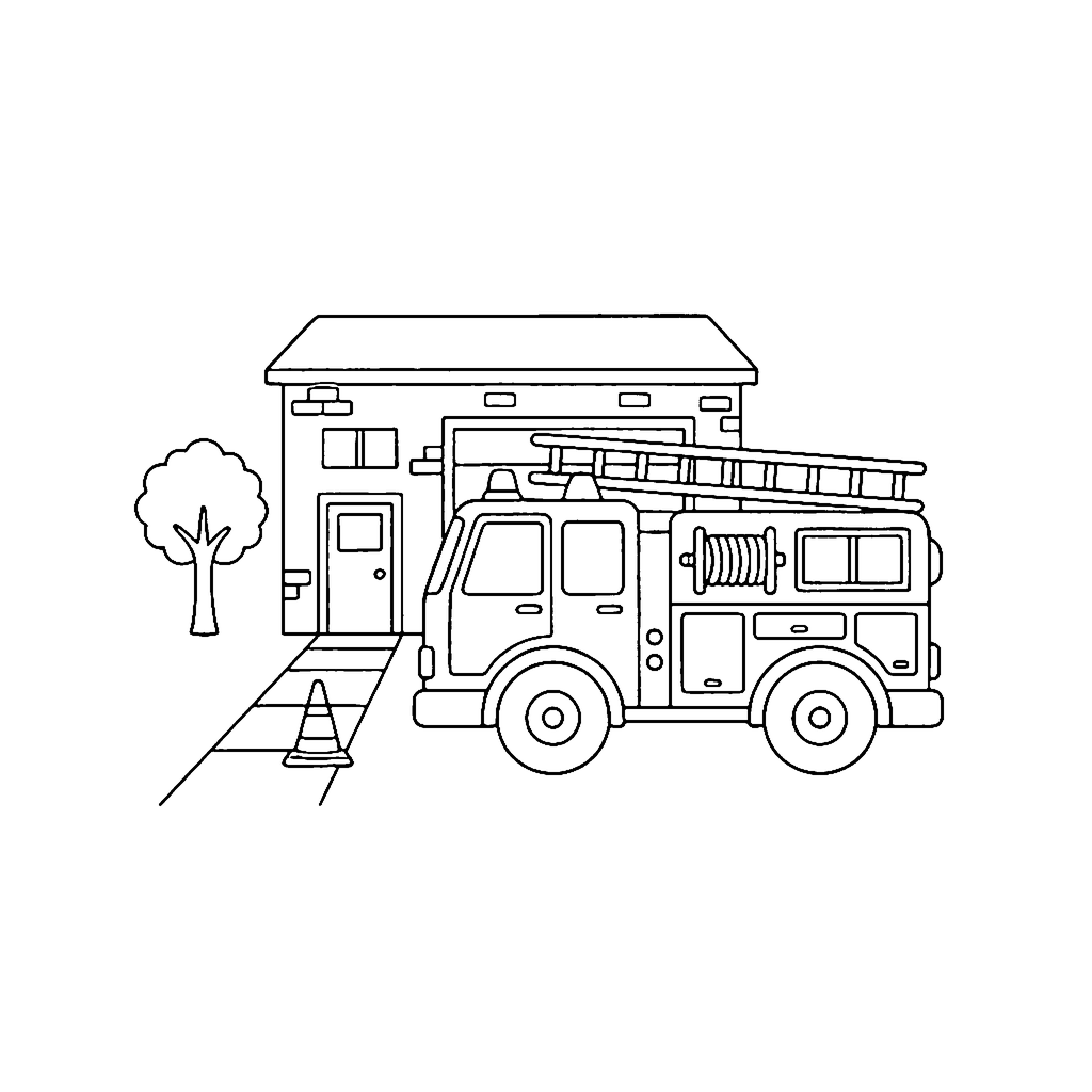 Fire Truck coloring page: Fire Engine Station, outline to print