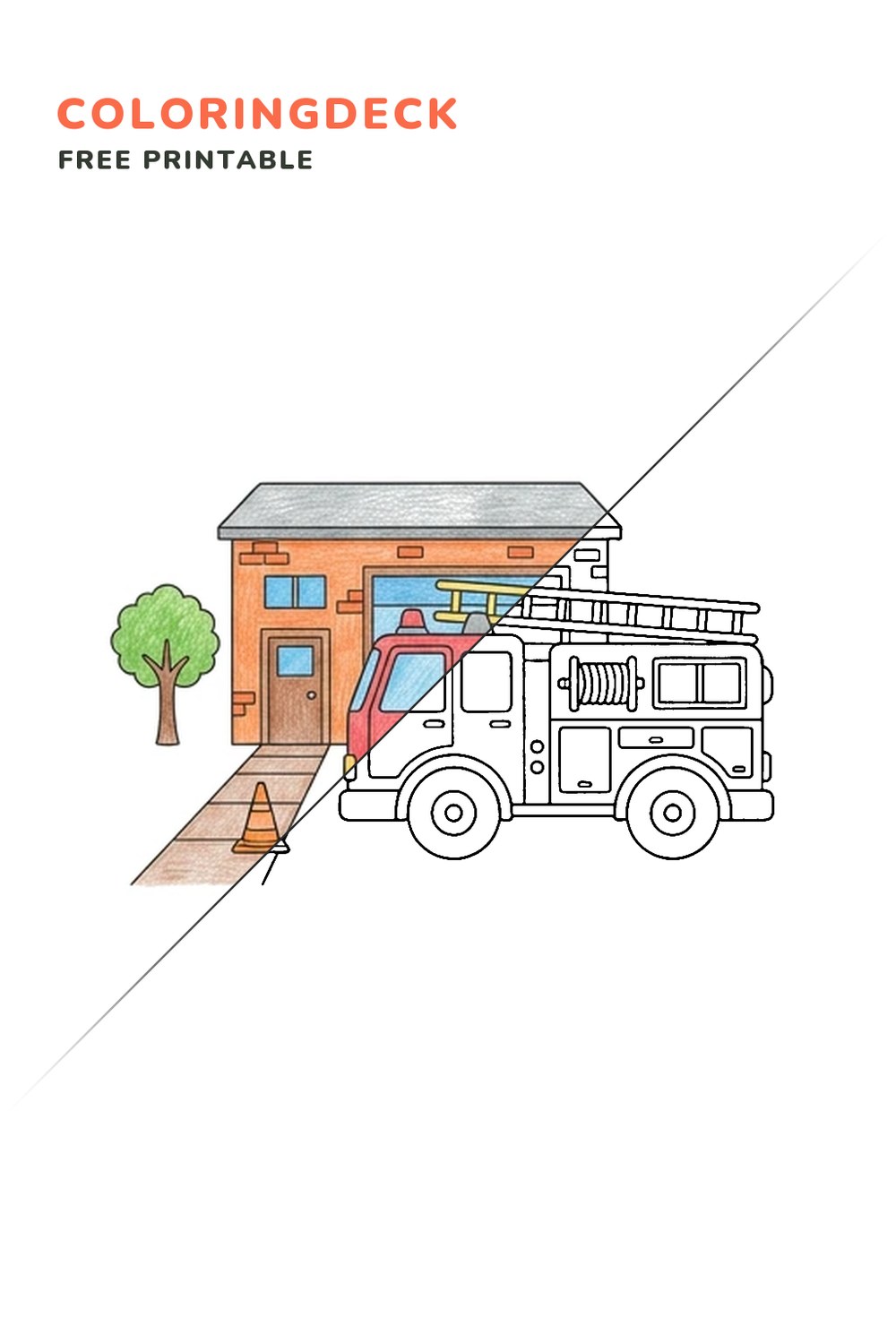 Fire Engine Station coloring page, free printable: half colored, half outline