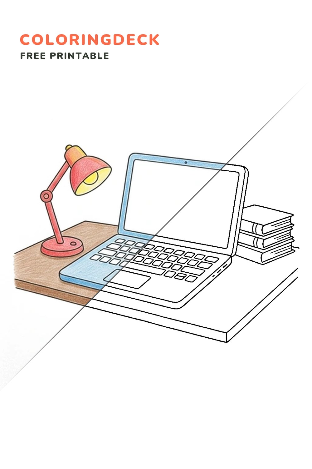Laptop Study Desk coloring page, free printable: half colored, half outline
